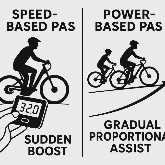 A digital infographic comparing “Speed-Based PAS” and “Power-Based PAS” for e-bikes. On the left, a rider adjusts a KT LCD display showing sudden acceleration labeled “Sudden Boost.” On the right, two cyclists illustrate “Gradual Proportional Assist,” with a rising line chart labeled “Assist vs Pedaling Effort.”