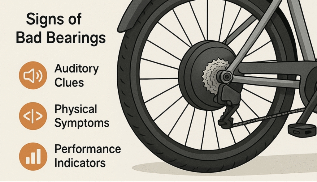 Electric bike wheel hub with highlighted signs of bad bearings: auditory clues, physical symptoms, and performance indicators.