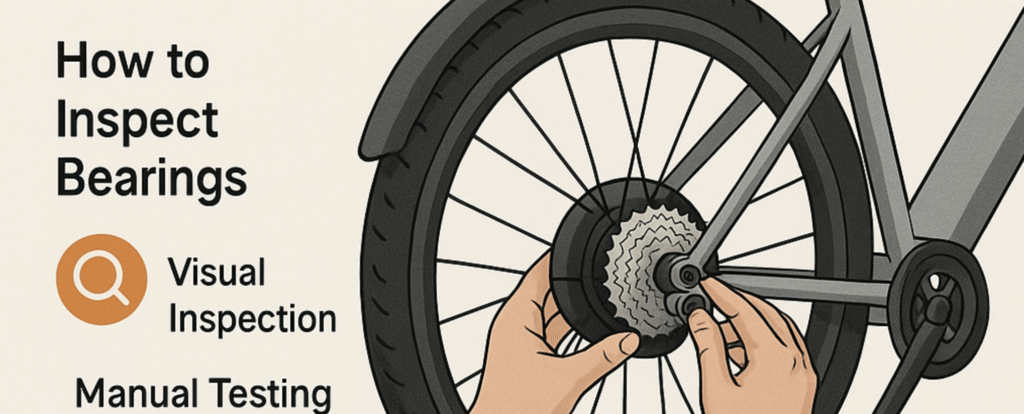 Hands inspecting electric bike hub bearings with visual inspection and manual testing steps.