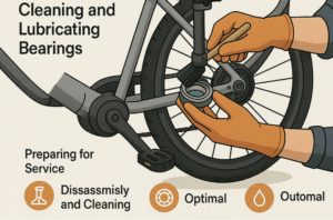 Cleaning and lubricating electric bike bearings with grease applied by hand and brush.