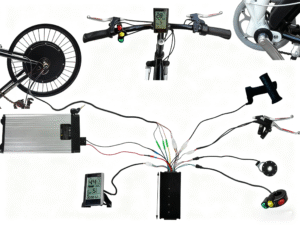 E-bike conversion kit wiring diagram showing motor, controller, throttle, brake levers, and display connections.