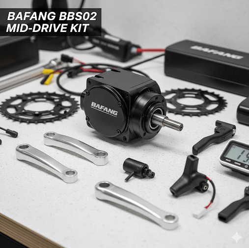 Bafang BBS02 mid-drive motor conversion kit with controller, chainring, and display, ready for electric bike upgrade.