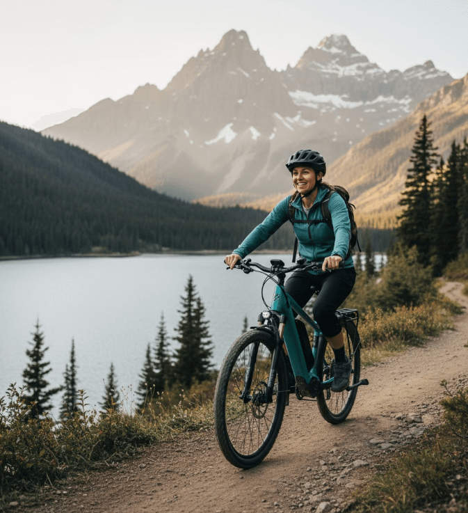 Electric bike rider on a long, scenic mountain trail, symbolizing maximized range and successful long-distance travel.