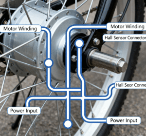 Close-up of e-bike hub motor wiring connections with labels for power input, motor winding, and hall sensor connectors.